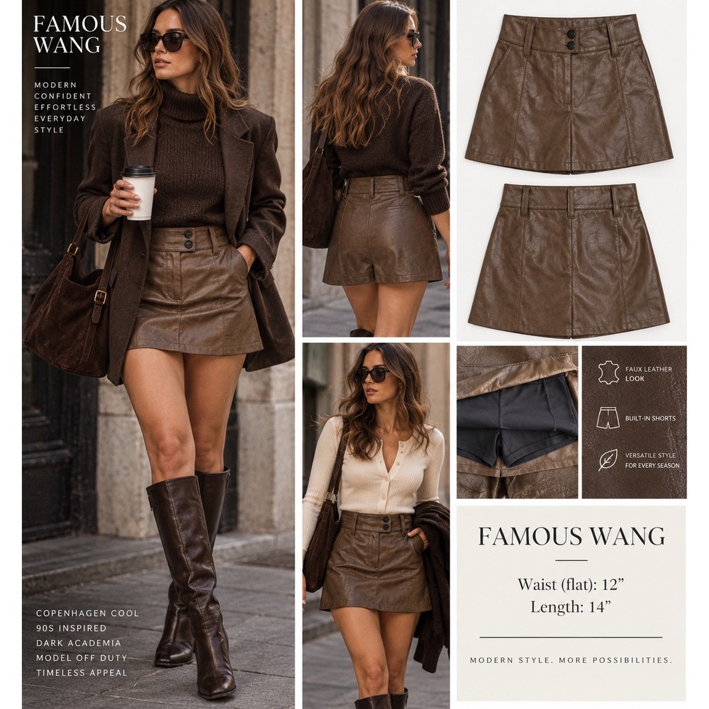 Famous Wang Brown Faux Leather Skirt S Mini Y2K 90s Copenhagen Model Off Duty